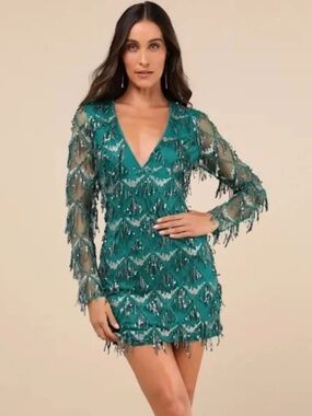 Lulus Playful Composure Green Gold Fringe Sequin Mini Dress - Size M